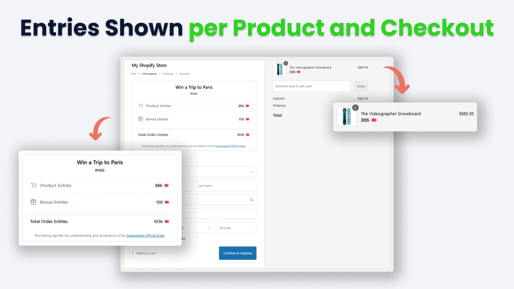 entries shown per product and checkout screenshot