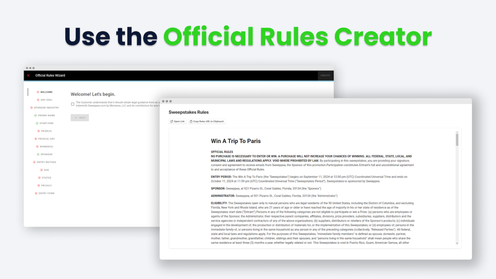 official rules creator for sweepstakes platform